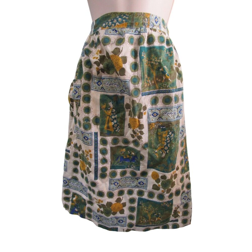 Vintage Half Apron Sewn In Pot Holders 70's Medieval Fabric Handcrafted GUC